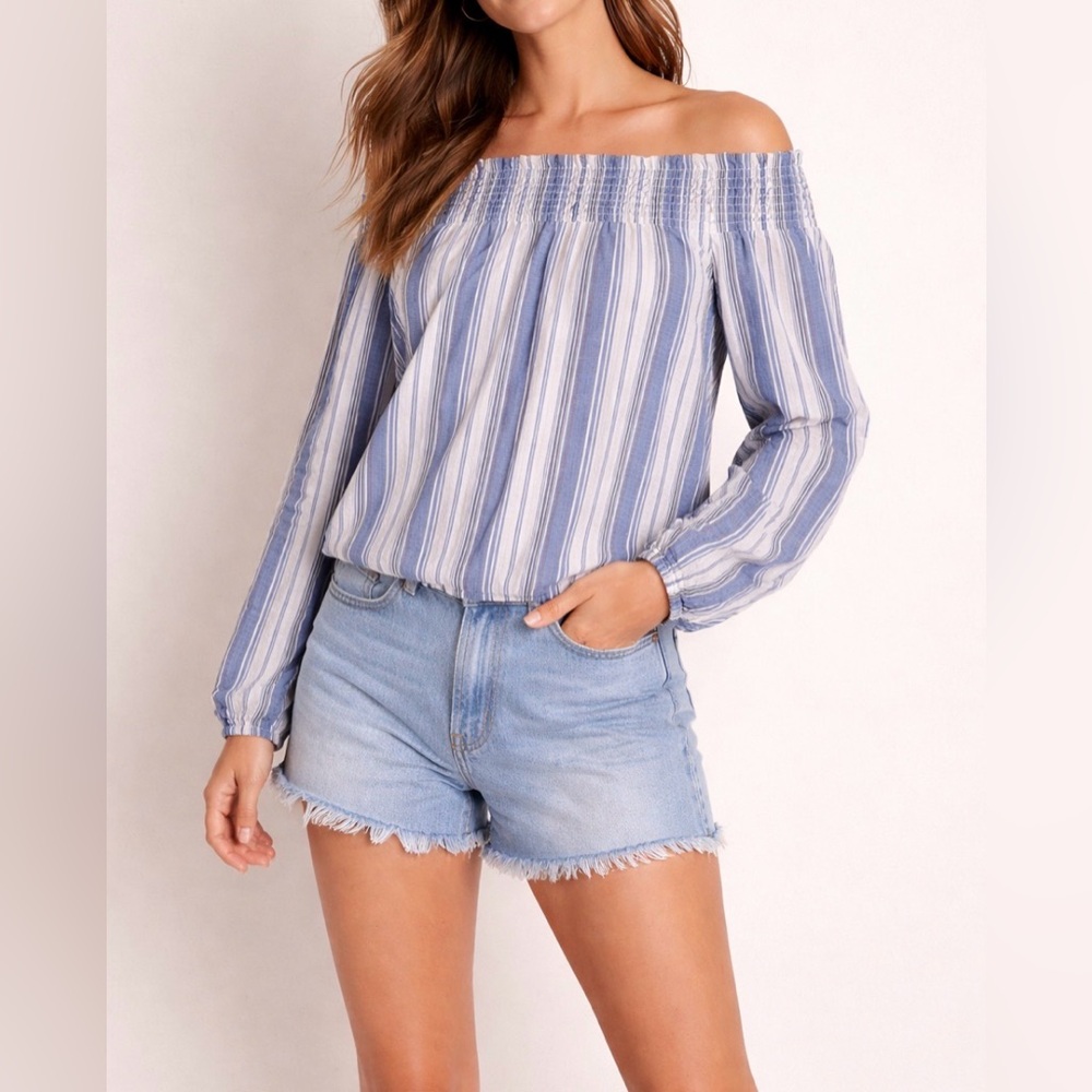Blue and White Striped Off-Shoulder Top